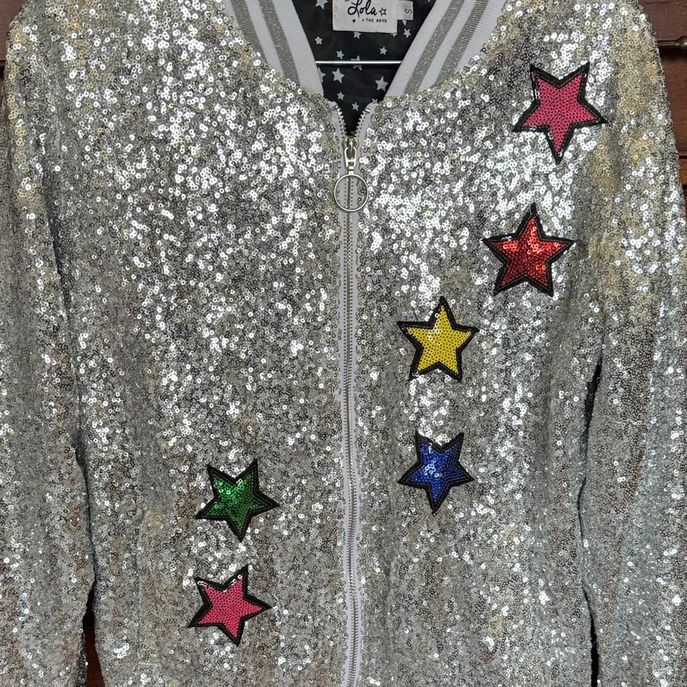 Lola + The Boys Silver Sequin Jacket with Multicolor Stars and Unicorn EUC - Picture 4 of 6